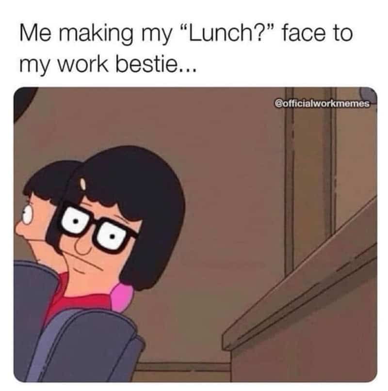 Tina Belcher from Bob's Burgers making a subtle, awkward side-eye face to a work bestie.