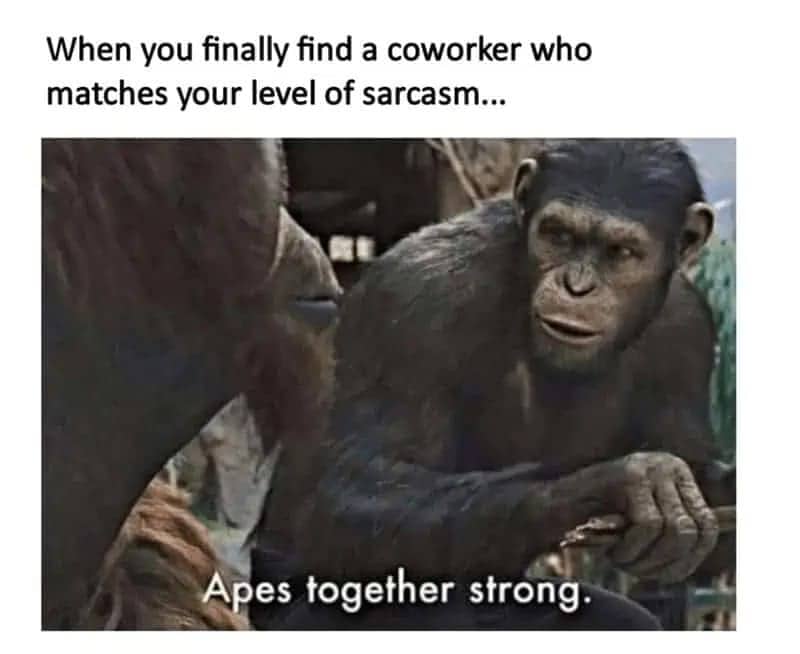 Two apes from Planet of the Apes communicating with the caption "Apes together strong."