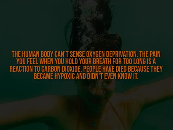 A highly unsettling spooky fact superimposed over a person submerged underwater, revealing that the human body cannot actually sense oxygen deprivation, meaning people have d**d from hypoxia without ever even realizing they were suffocating.