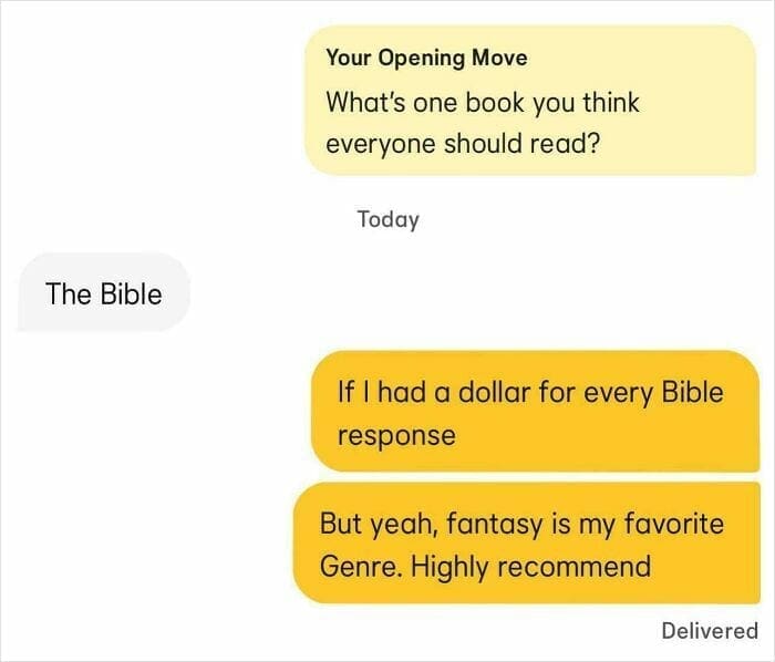 Screenshot of a Bumble chat where a user suggests fantasy is their favorite genre after a Bible recommendation.