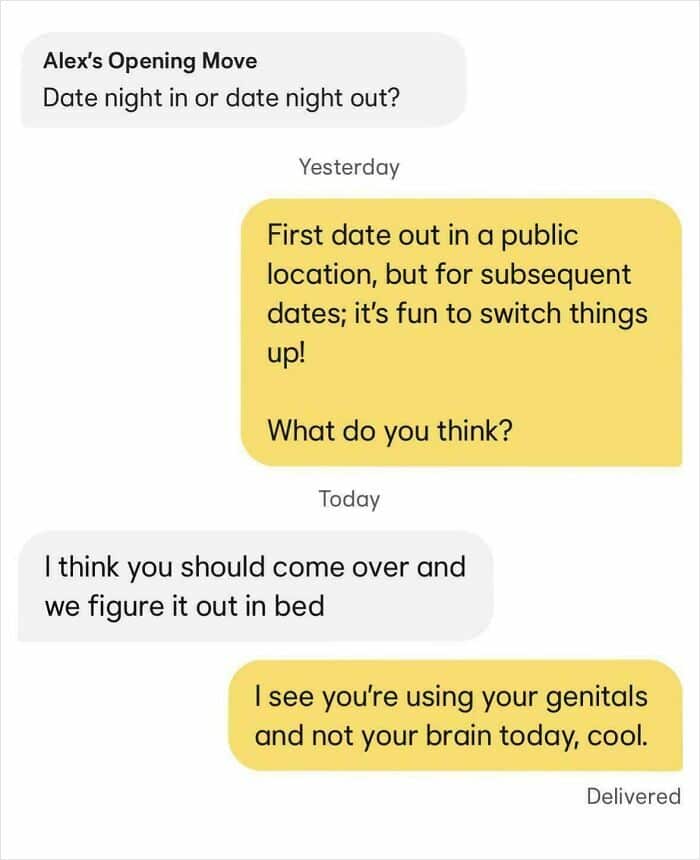 Cutting Bumble comeback to a sexual first date suggestion, telling the user they are not using their brain.