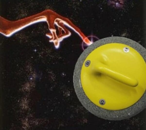 A cosmic curling finger meme parodying the iconic E.T. movie poster, showing the alien's glowing fingertip making contact with a floating curling stone in space.