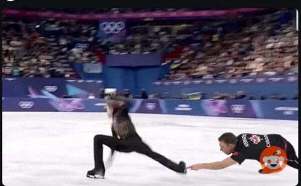A chaotic curling finger meme mashup showing Marc Kennedy sliding across the ice to point an accusatory finger at a figure skater's blade mid-performance.