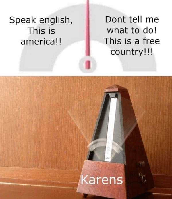 A brilliant hypocritical customer service meme showing a fast-swinging metronome, illustrating how a "Karen" rapidly switches between screaming "Speak english, This is america!!" and "Dont tell me what to do! This is a free country!!!".