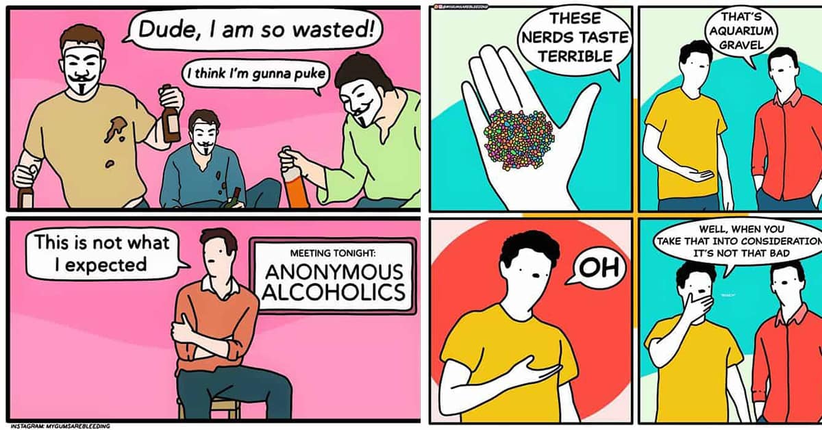 Collection of dark humor comics highlights by MyGumsAreBleeding including the NSA romance, the bank robber taking "friends," and the Tipping in Heaven tablet.
