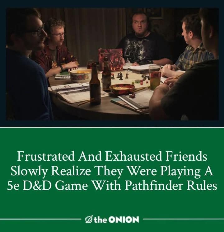 An Onion style fake news d&d meme showing a tired group of nerds at a tabletop session with the highly relatable headline "Frustrated And Exhausted Friends Slowly Realize They Were Playing A 5e D&D Game With Pathfinder Rules."