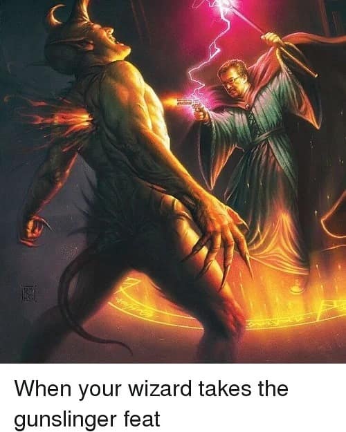 A dnd meme artwork of a wizard in robes shooting a demon with a realistic handgun, representing the "gunslinger feat."
