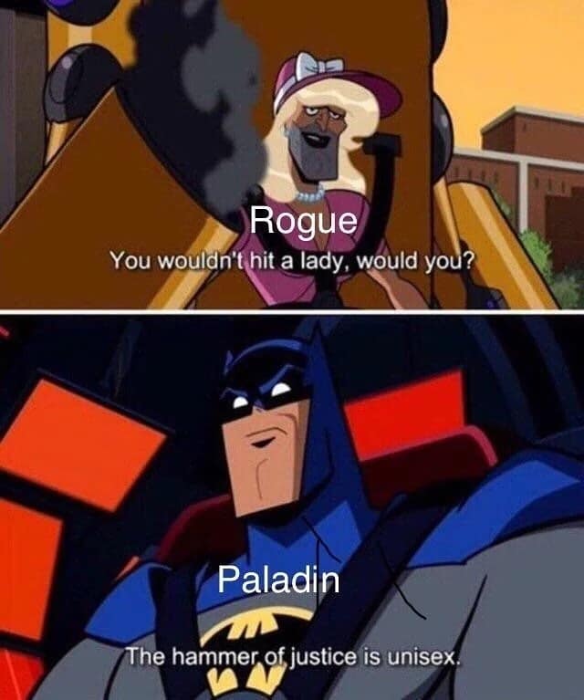 A dnd meme using Batman: The Brave and the Bold characters to compare a Rogue's hesitation to a Paladin's "hammer of justice is unisex" philosophy.