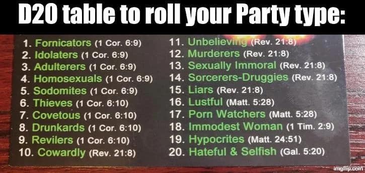 A dnd meme showing a religious card listing sins like "Sorcerers-Druggies" repurposed as a D20 table for rolling party types.