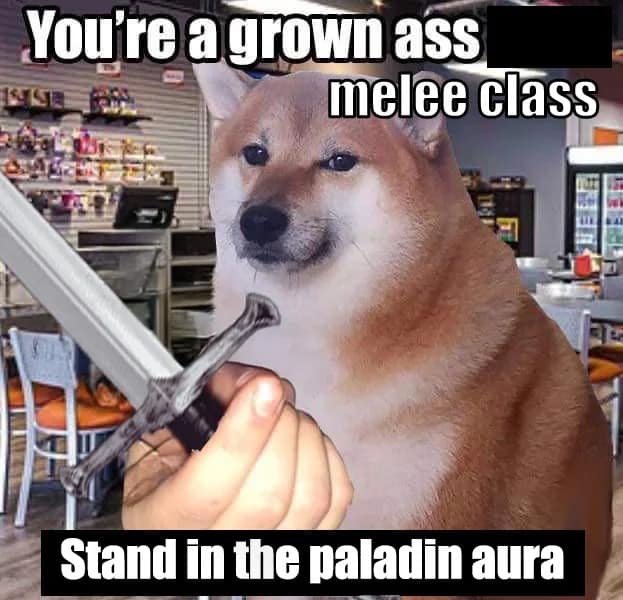 A dnd meme of a Doge holding a sword telling melee classes to "stand in the paladin aura."