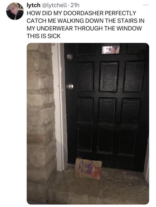 A funny doordash fail where the delivery proof photo accidentally captures the customer walking down the stairs in their underwear.