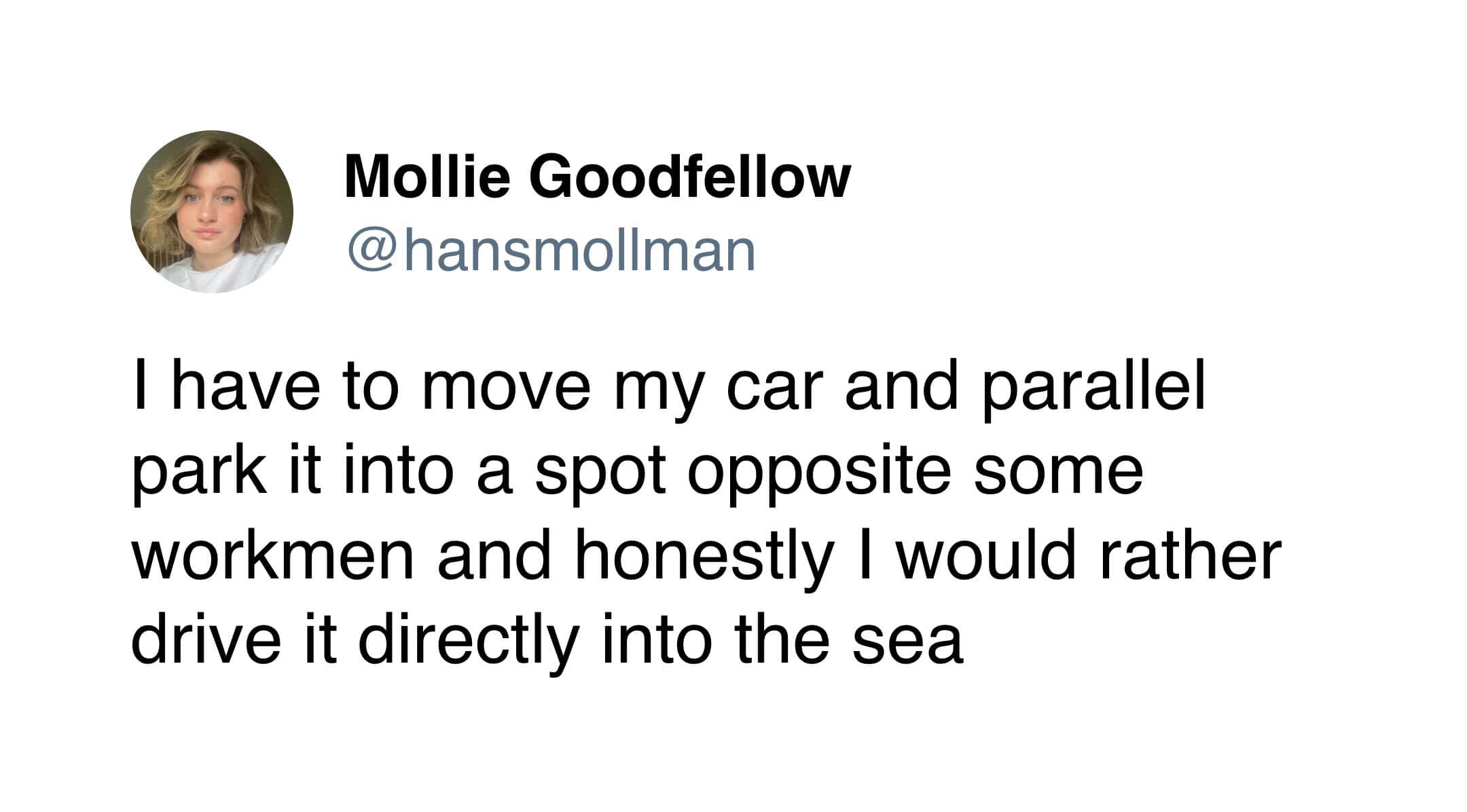 A deeply relatable driving meme about severe parking anxiety, featuring a tweet where a driver admits they would honestly rather steer their vehicle directly into the ocean than attempt to parallel park in front of an intimidating group of watching construction workers.
