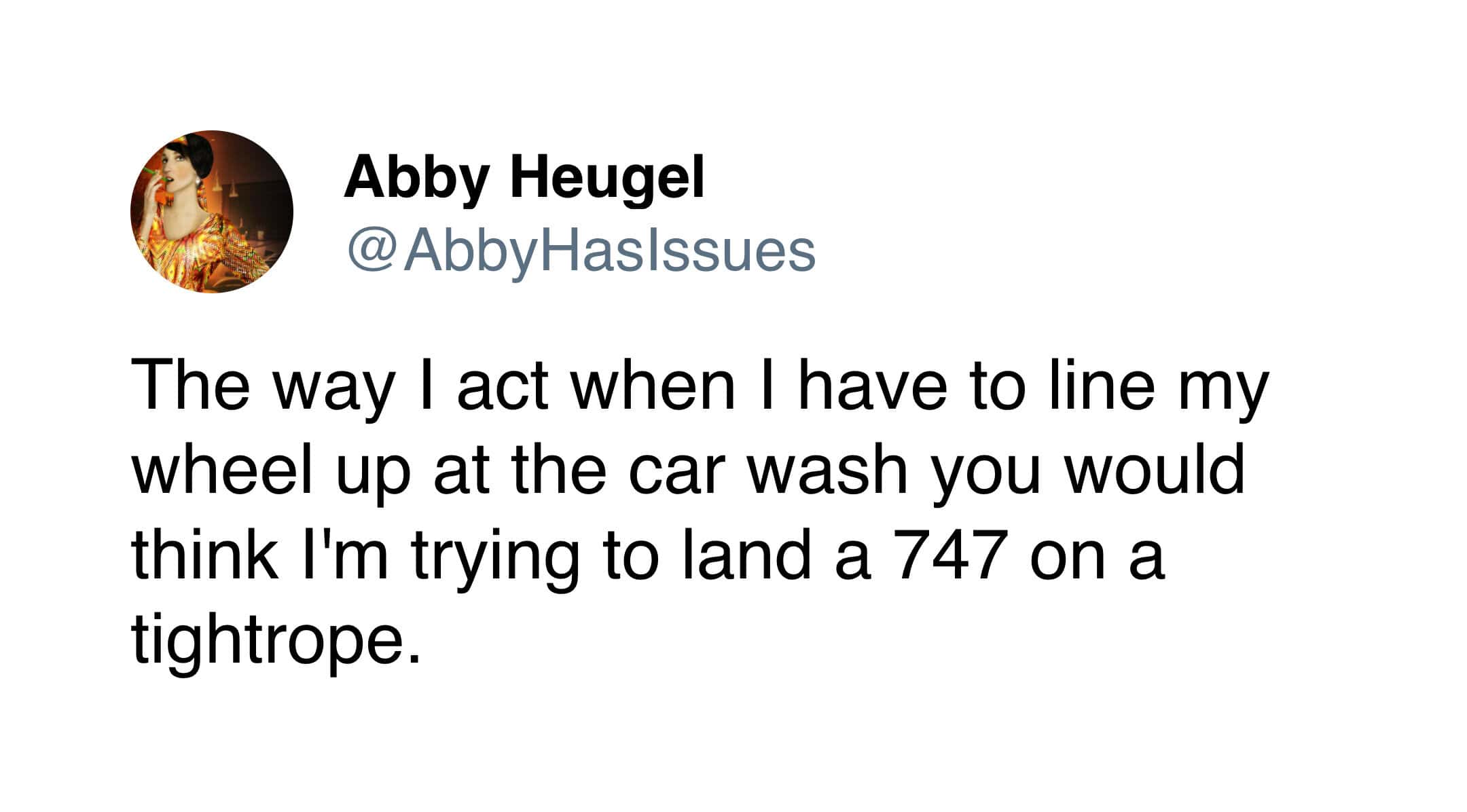 A painfully accurate driving meme highlighting the intense, high-stakes pressure of an automated car wash, comparing the sheer concentration needed to line up the wheels on the metal track to trying to "land a 747 on a tightrope".