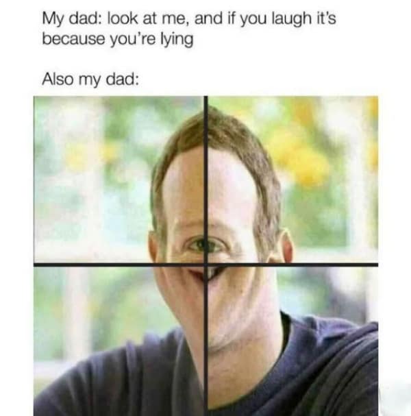 A surreal family meme mocking a dad's claim that he can detect lies by "looking at him," featuring a distorted face edit where his features are rearranged into a cyclops.