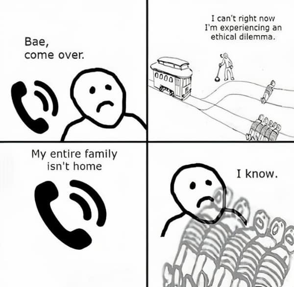 A dark humor family meme combining the "come over" text with the Trolley Problem, showing a trolley drifting to hit the entire family so the house will be empty.