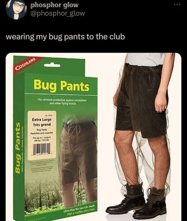 A box of Coghlan's "Bug Pants" made of mesh, captioned about wearing this fashion faux pas to the club.