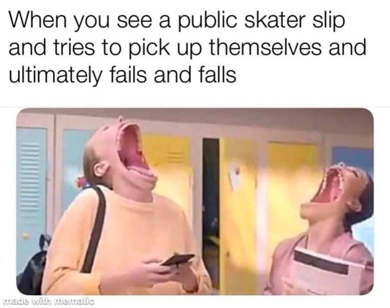A figure skating meme showing people laughing hysterically at public skaters falling down.
