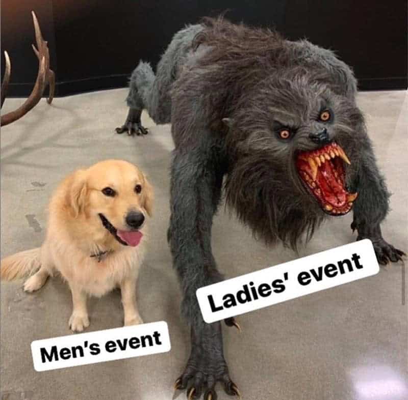 A figure skating meme comparing the "Men's event" (a cute golden retriever) to the "Ladies' event" (a terrifying werewolf monster).