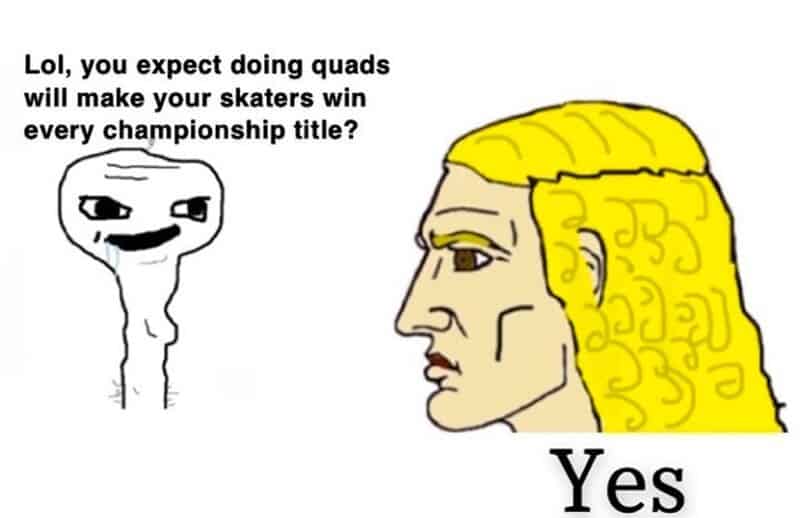 A figure skating meme illustrating the "Quad Revolution" where difficult jumps guarantee wins over artistry.