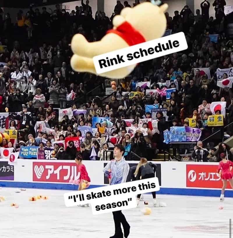A figure skating meme showing Yuzuru Hanyu and the "Pooh rain" labeled as destroying the rink schedule.