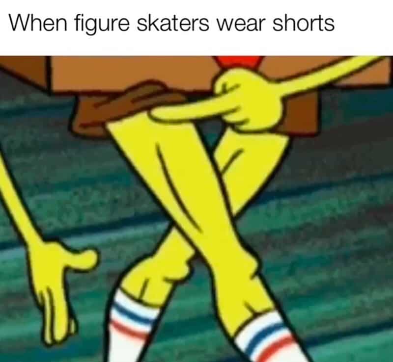 A figure skating meme using Spongebob to show how defined skaters' leg muscles look when they finally wear shorts.
