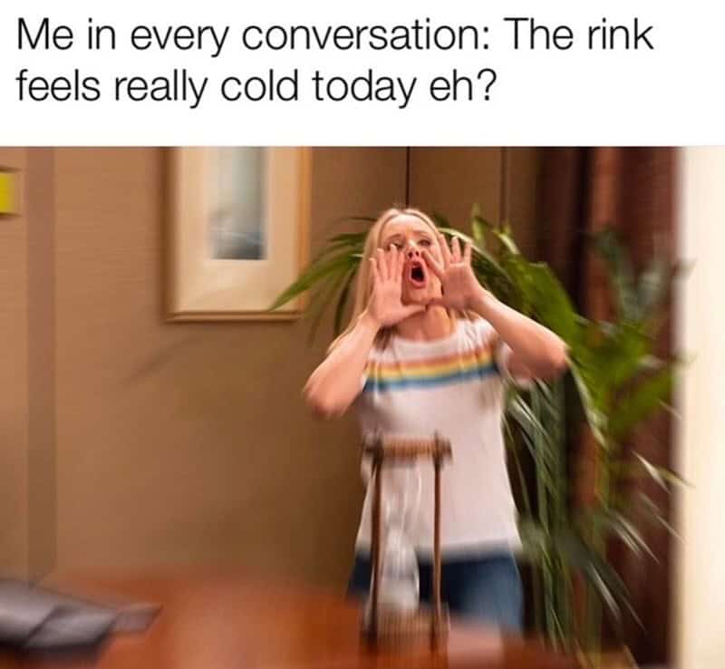 A figure skating meme about constantly complaining that the rink is cold using a megaphone.