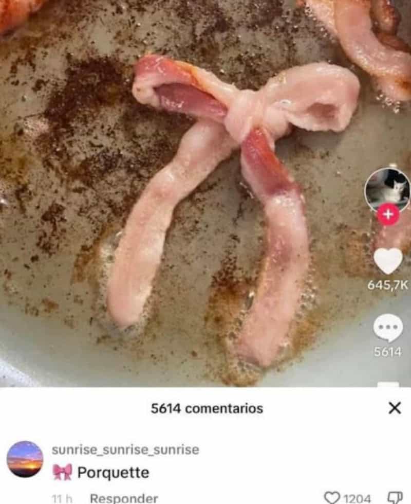 A food meme showing bacon strips frying in a pan arranged into a coquette bow shape, captioned "Porquette."