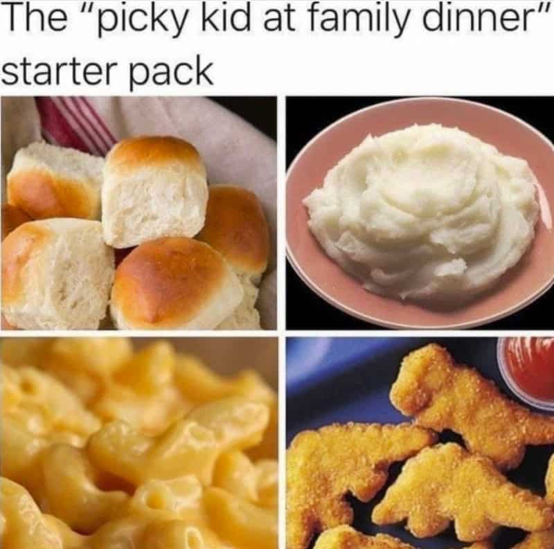 A food meme starter pack for picky eaters featuring only beige foods like rolls, plain mashed potatoes, and dino nuggets.