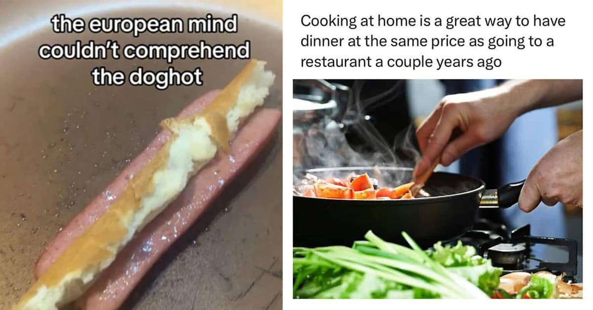 Collection of food memes including the "Unintended Etching" burnt pan art, the picky eater starter pack, and the cold pizza debate.