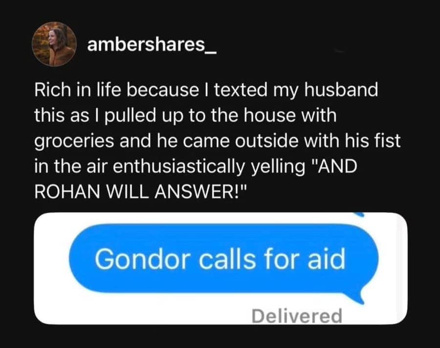 Funny food tweet about a husband enthusiastically responding to a Lord of the Rings grocery text.