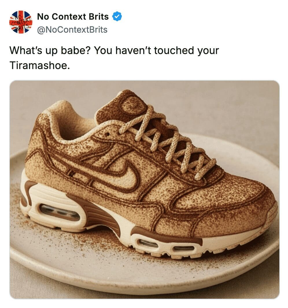 Cursed food tweet featuring a photo of a sneaker made entirely out of tiramisu dessert.