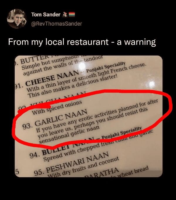 Viral food tweet showing a restaurant menu warning that garlic naan prevents erotic post-dinner activities.