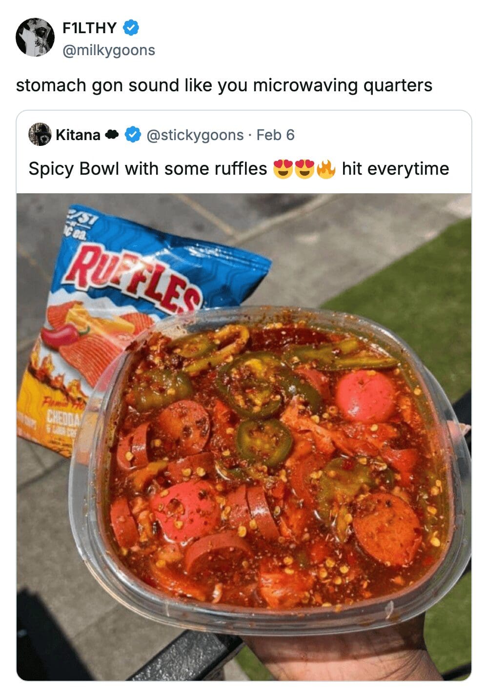 Chaotic food tweet showing a spicy bowl of sausages and peppers with a microwave joke.