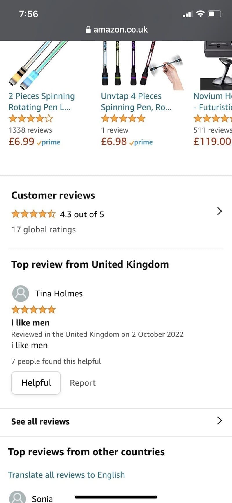 A screenshot of a very simple one-star review for a spinning pen that just says "i like men."