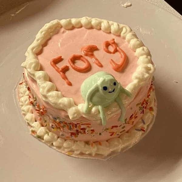 A small, wholesome funny cake featuring a crude green frog figure and the misspelled word forg written in icing.