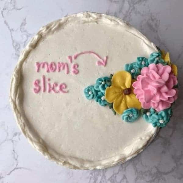 A funny cake diagram illustrating a microscopically tiny sliver labeled mom's slice compared to the rest of the dessert.