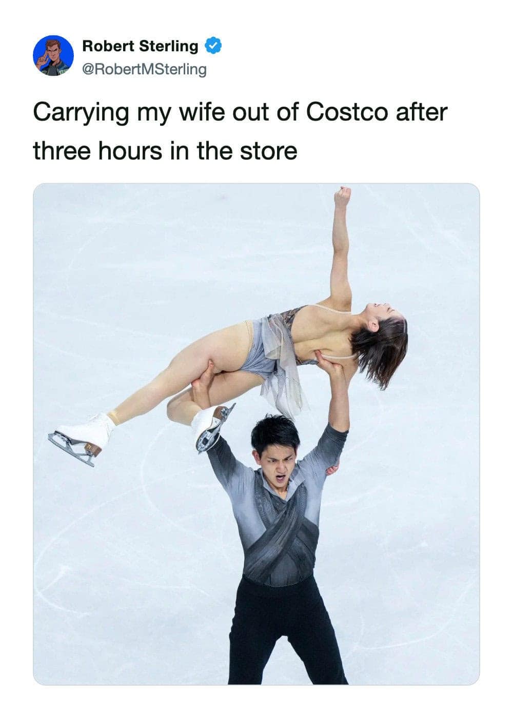 A dramatic and funny marriage meme comparing the sheer physical exhaustion of "carrying my wife out of Costco after three hours" to an Olympic male figure skater triumphantly lifting his partner high over his head.
