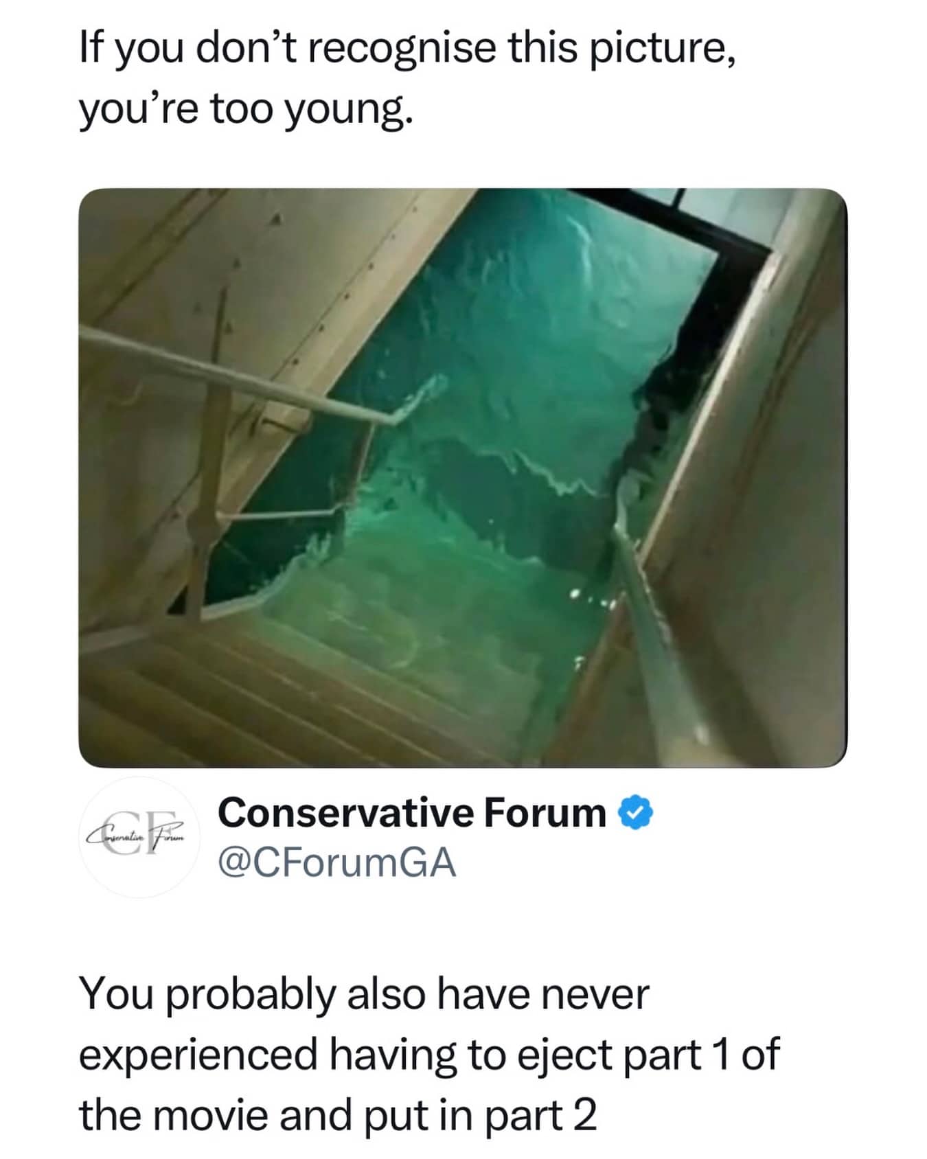 Nostalgic Titanic movie meme showing the flooded grand staircase and reference to two-part VHS tapes.