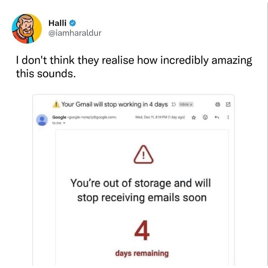 A Gmail notification saying the account is out of storage and will stop working.
