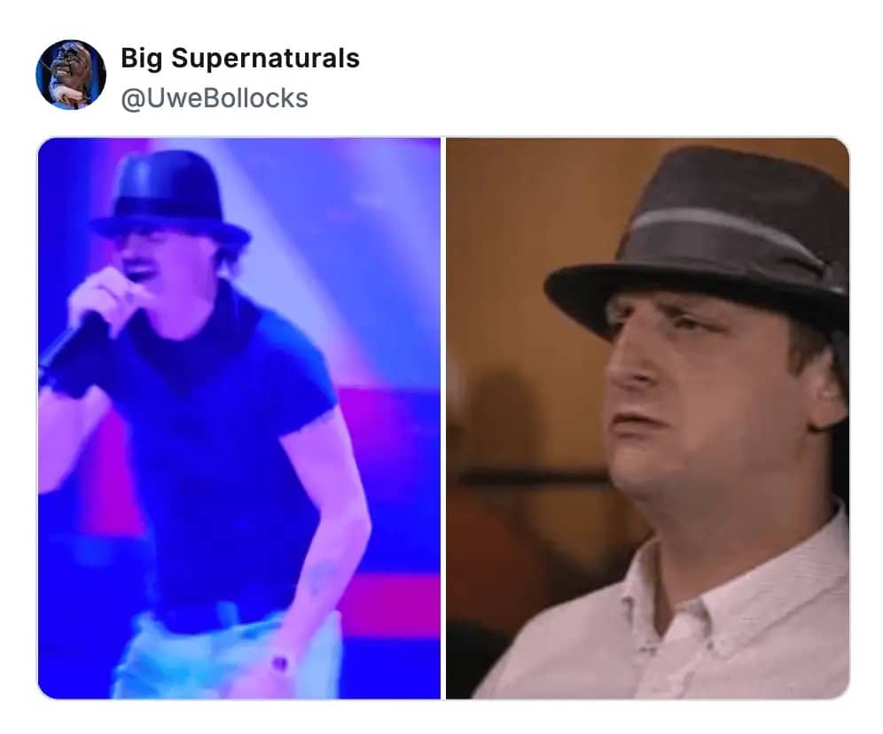 Side-by-side comparison of Kid Rock performing and Tim Robinson from "I Think You Should Leave."