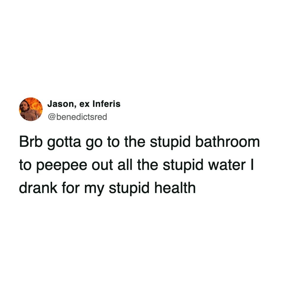 Humorous tweet about the annoyance of drinking water for health only to use the bathroom.