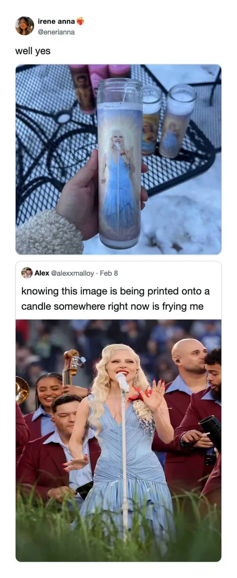 A funny meme showing Lady Gaga performing in a blue dress next to a prayer candle with her image.