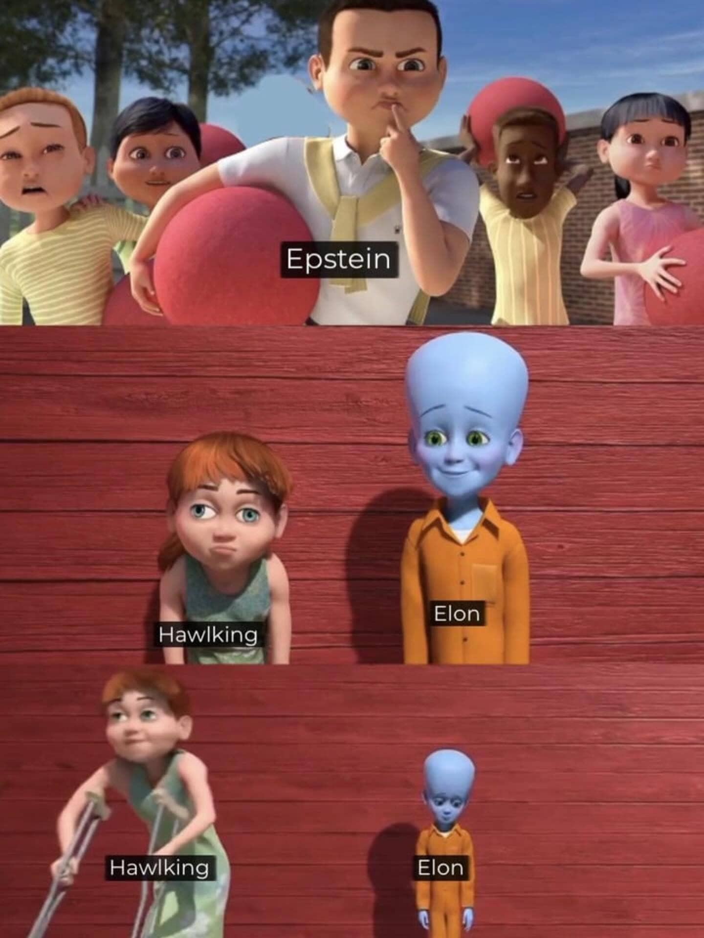 A Megamind movie meme template labeling characters as Epstein, Elon, and Hawking in a schoolyard setting.