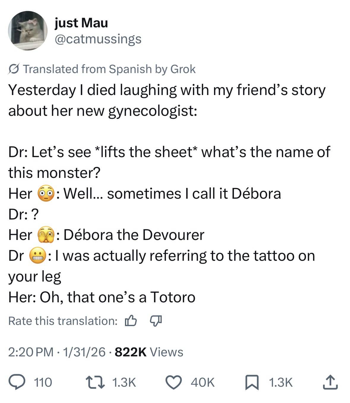 Funny meme tweet about a gynecologist visit involving a misunderstanding about a Totoro tattoo.