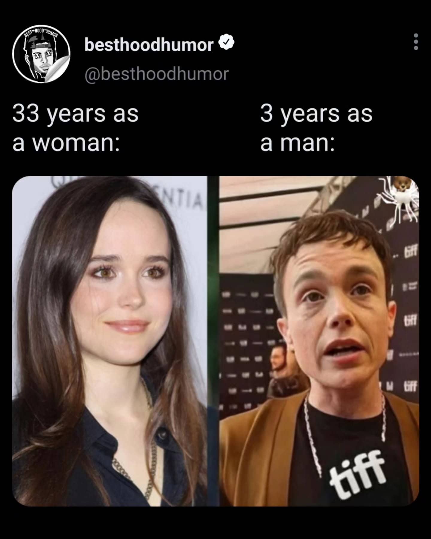 A side-by-side comparison of Elliot Page before and after his transition with a humor caption.