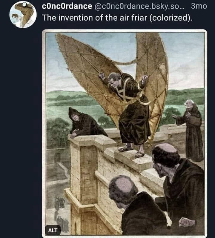 A colorized historical illustration of a friar wearing large mechanical wings preparing to jump from a wall.