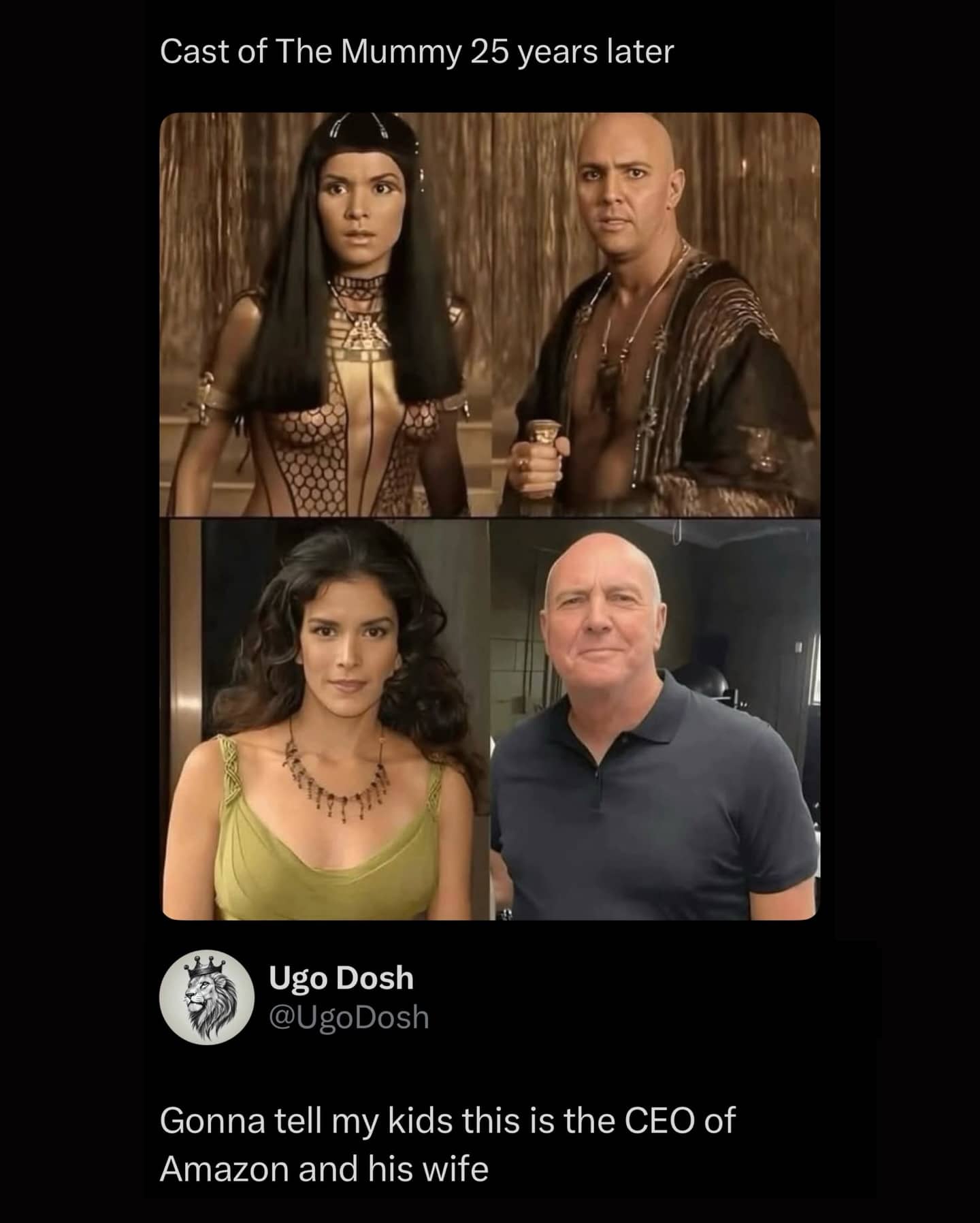 Comparison meme of The Mummy cast members Patricia Velasquez and Arnold Vosloo 25 years later.