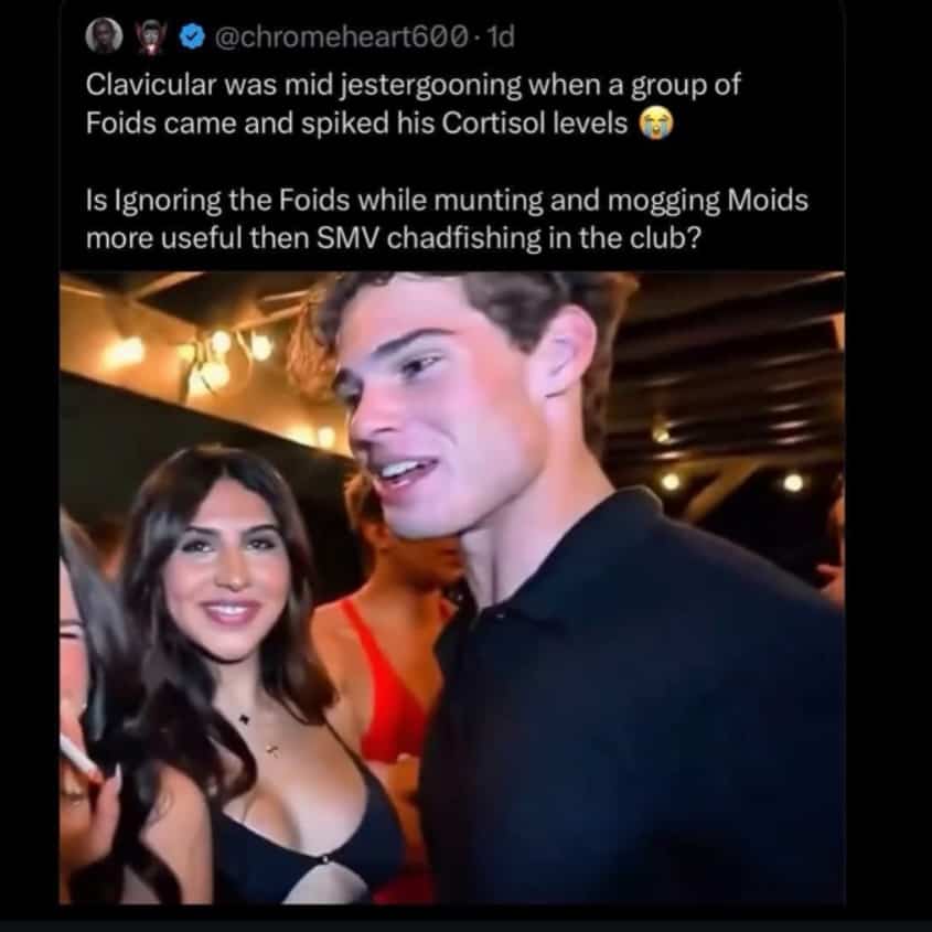 Meme using a photo of a man in a club with text full of internet slang terms.