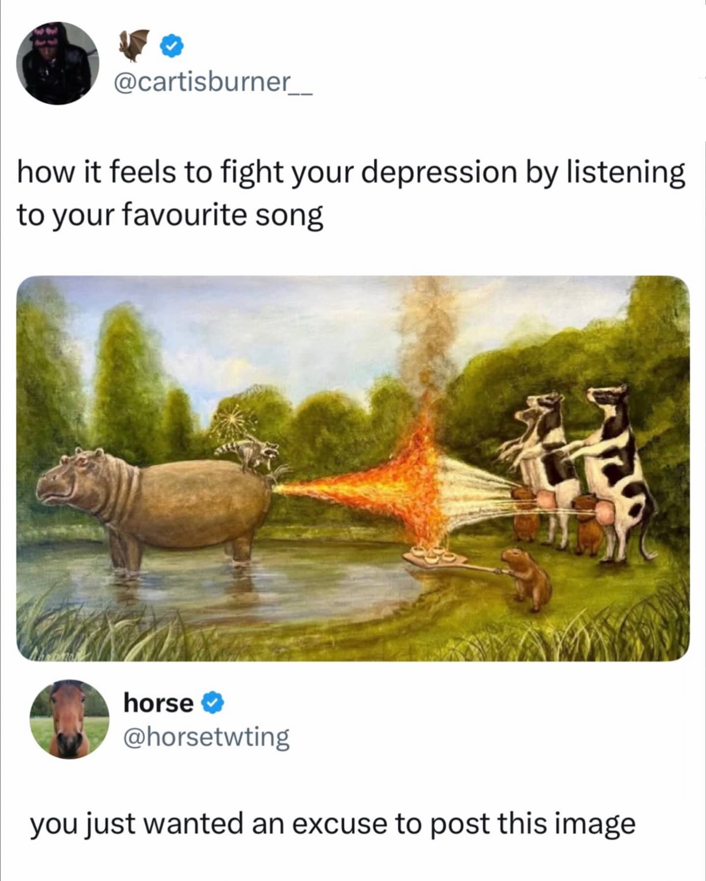 A surreal painting of a hippo shooting fire from its rear at standing cows while capybaras watch.