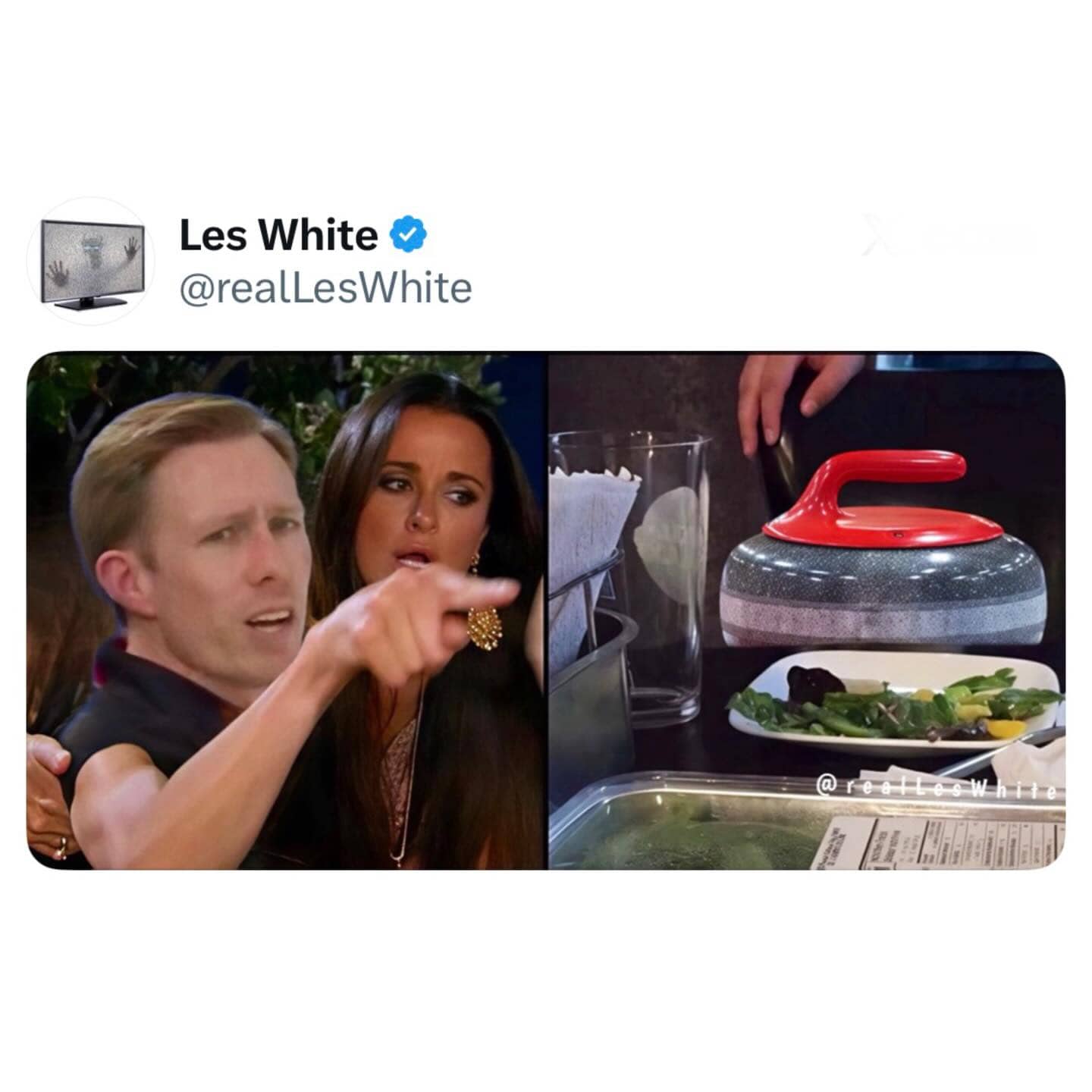 Curling version of the woman yelling at a cat meme featuring players and equipment.